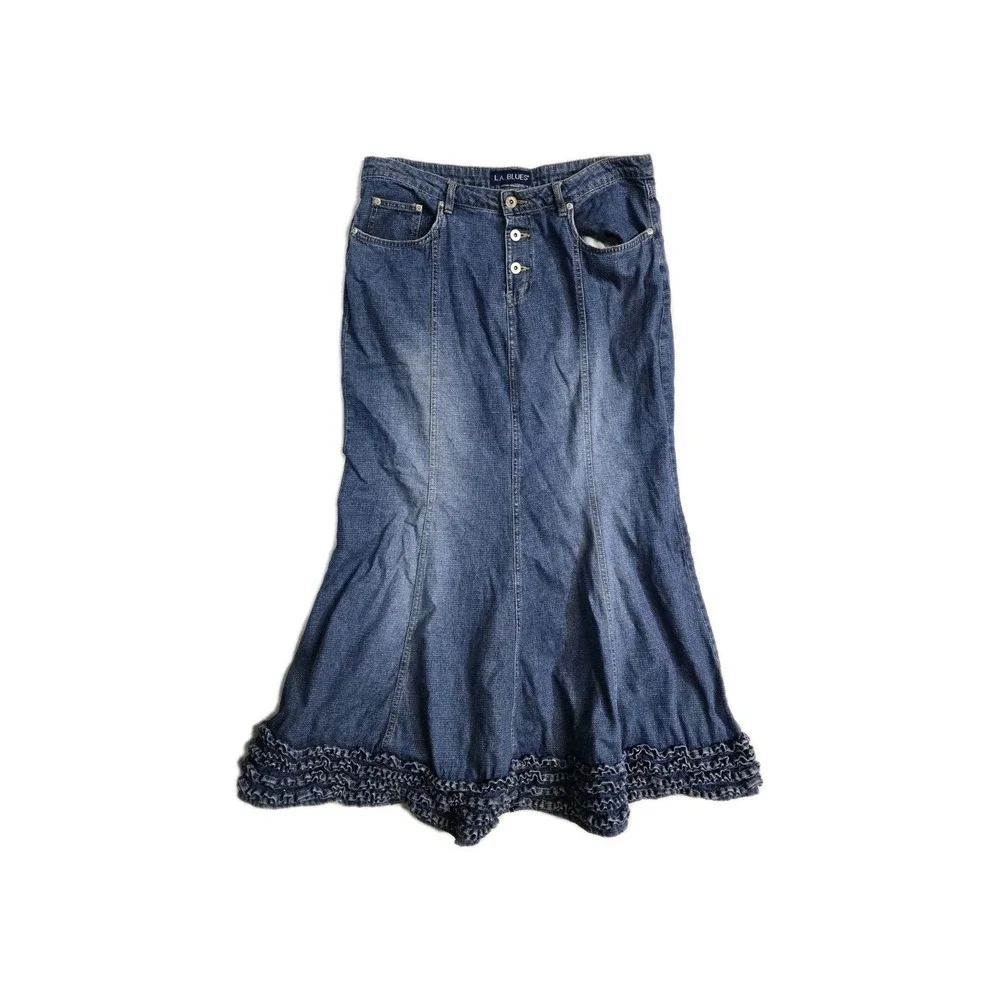 Vintage L.A. Blues Long 100% Cotton Denim‎ Skirt With Ruffled Bottom Size 14